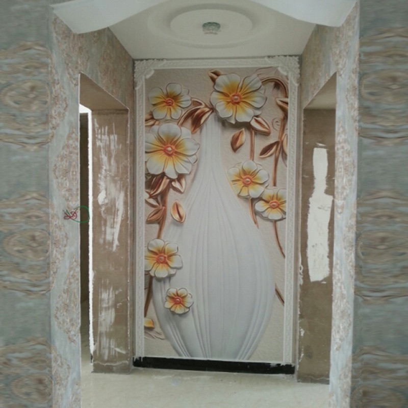 欧式3d立体墙纸玄关花瓶客厅走廊背景墙壁纸过道竖版大型壁画_2 拼接无纺布/每平米