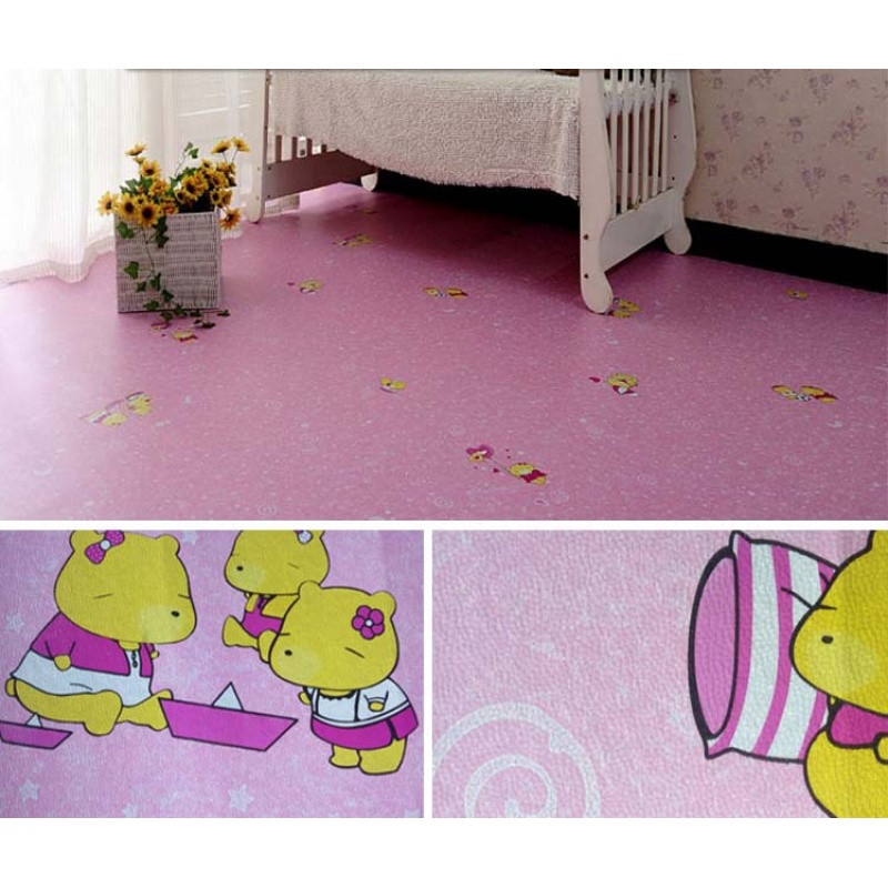 铺地地板革pvc石塑地板卧室家用加厚耐磨防水防滑环保地板纸地贴 默认尺寸 粉红色粉色卡通加厚