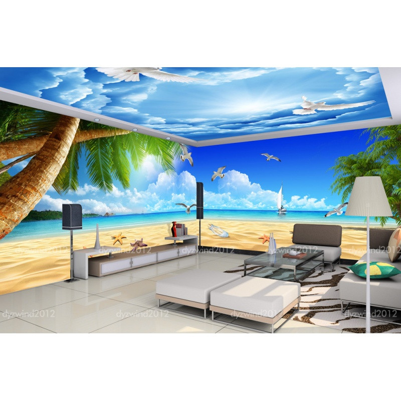 定制3D立体卧室客厅沙电视背景墙纸壁画地中海海滩风景无缝墙布_2_1 高档进口油画布（整幅)
