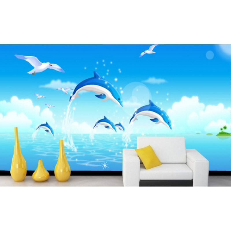 无缝儿童房卡通蓝色海洋馆海鸥海豚卧室沙客厅电视背景墙纸壁纸 无缝真丝布（整张/平方）