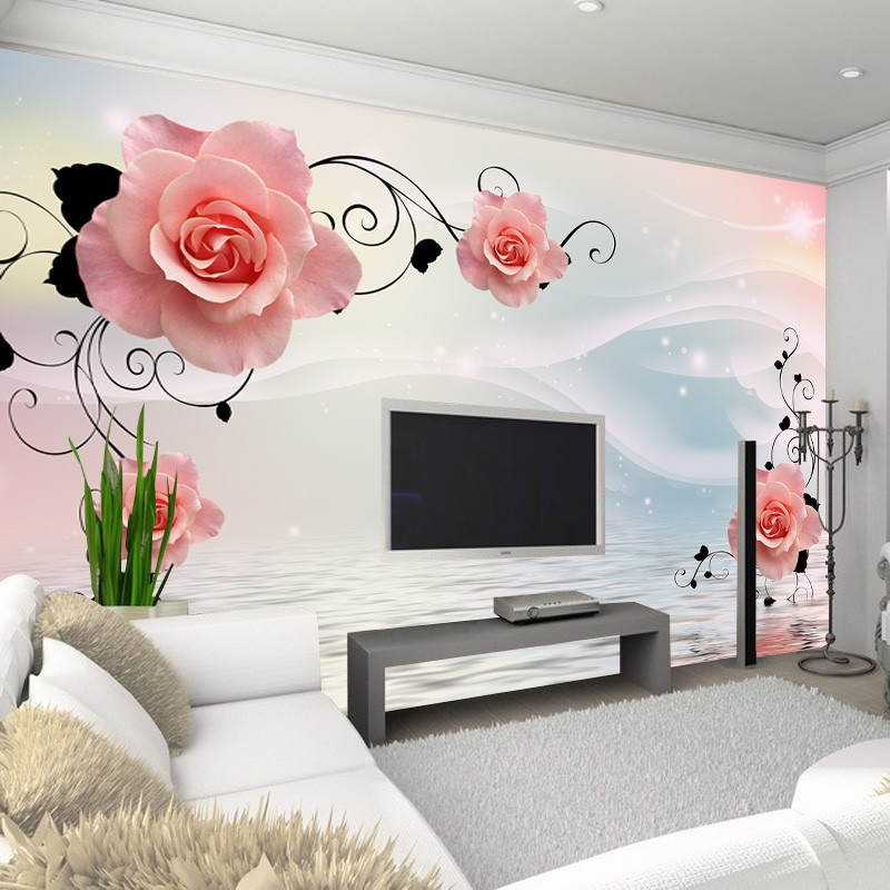 无缝定制壁画墙纸卧室沙客厅3d立体玫瑰花朵电视背景墙壁纸墙布 无缝宣绒布