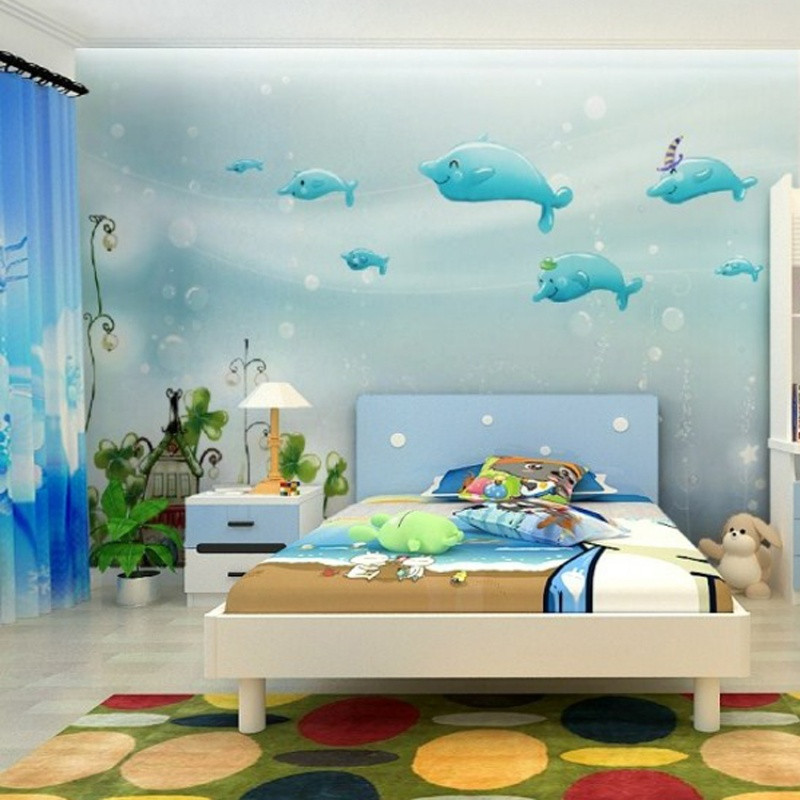 无缝3d卡通海底手绘纯色蓝色海豚儿童房壁纸卧室背景墙无纺布墙纸 无缝宣绒布（整张/平方）