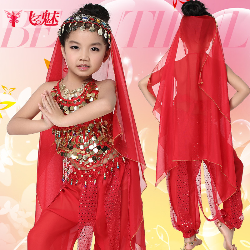 飞魅 新款儿童肚皮舞演出服套装 六一少儿印度舞蹈服装表演服女童 M 玫红两件套