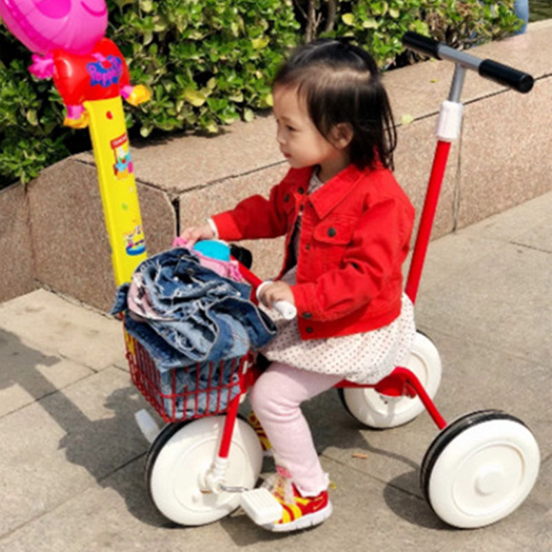 日系风格儿童三轮车宝宝脚踏车小孩自行车无印简约推杆手推童车1-5岁男孩女孩玩具车 红色+推杆