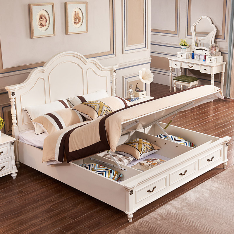 A家家具 床 美式床 双人床实木框架卧室欧式婚床1.8米1.5米大床简约 1.8米高箱床+2床头柜