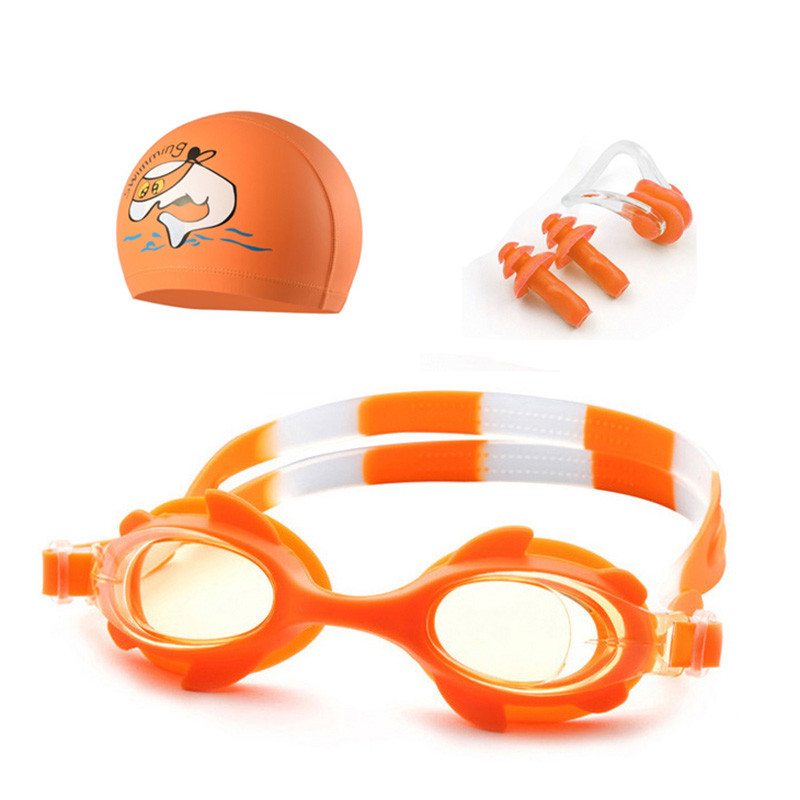 古达儿童泳镜女童男童防水防雾高清小孩宝宝可爱卡通游泳镜泳帽套装 橙色三件套