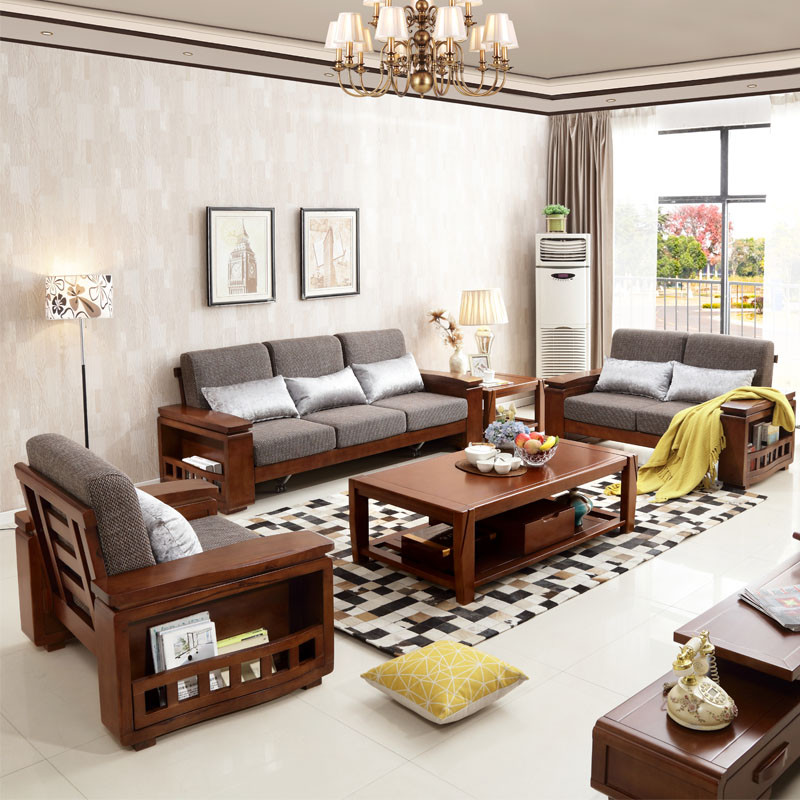 景山百岁 现代中式 实木沙发茶几组合 5件套橡木u型木质布艺坐垫大小户型客厅套房家具 A022# 单+双+三人位