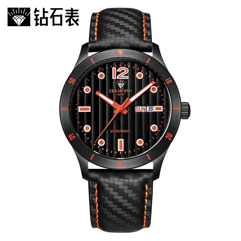 上海钻石牌（DIAMOND）手表男士自动机械男表夜光日历精钢皮带男士自动机械表3200 黑橘色皮带款