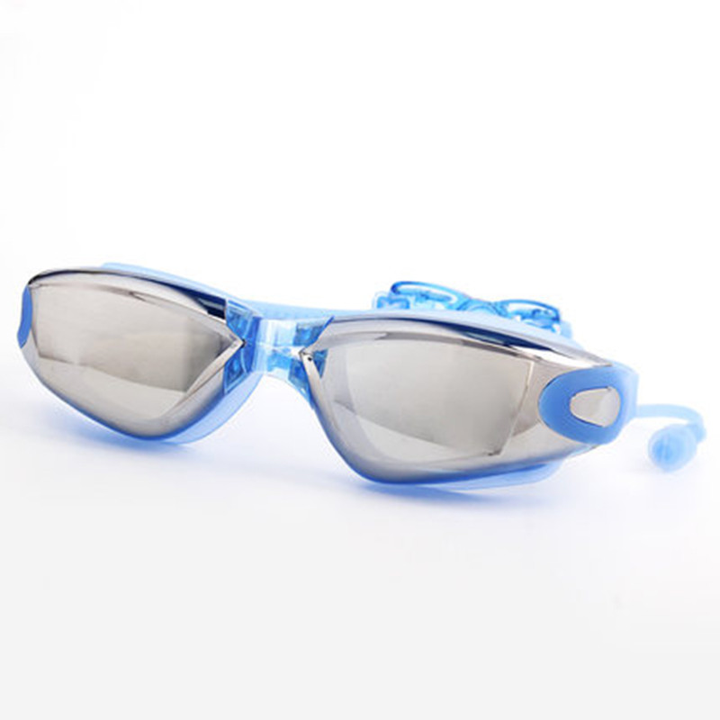 舒漫电镀防雾男女通用成人防紫外线耳塞一体休闲装备游泳眼镜 明蓝色