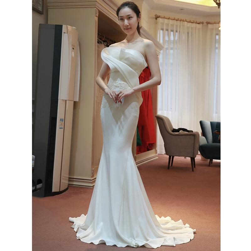晚礼服主持人宴会聚会抹胸新娘敬酒服_4 xl 白色