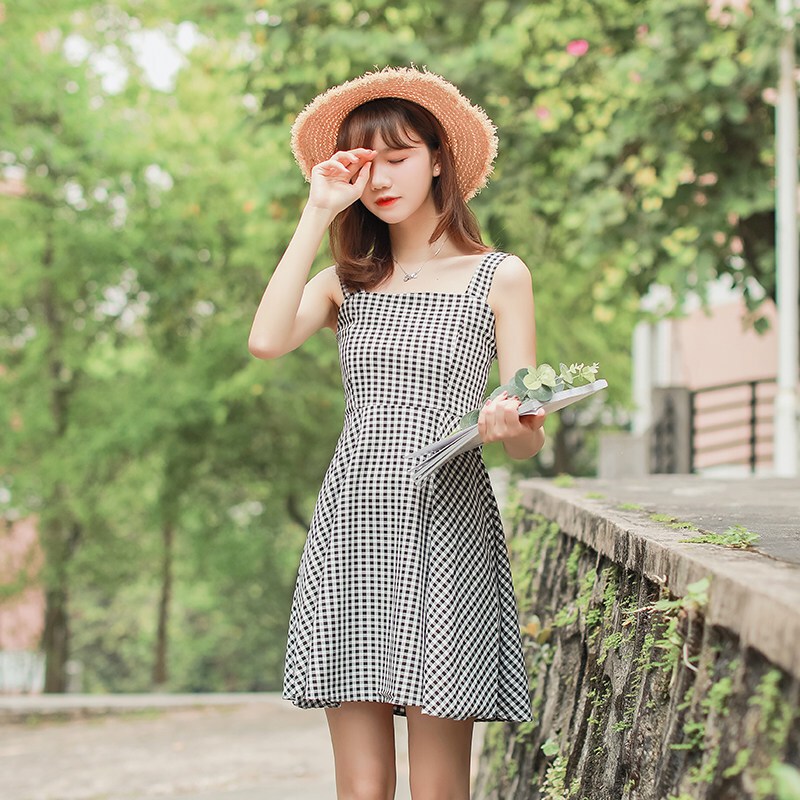 带小清新连衣裙女2018新款夏季韩版学生格子背带短裙外穿小个子 L 黑色