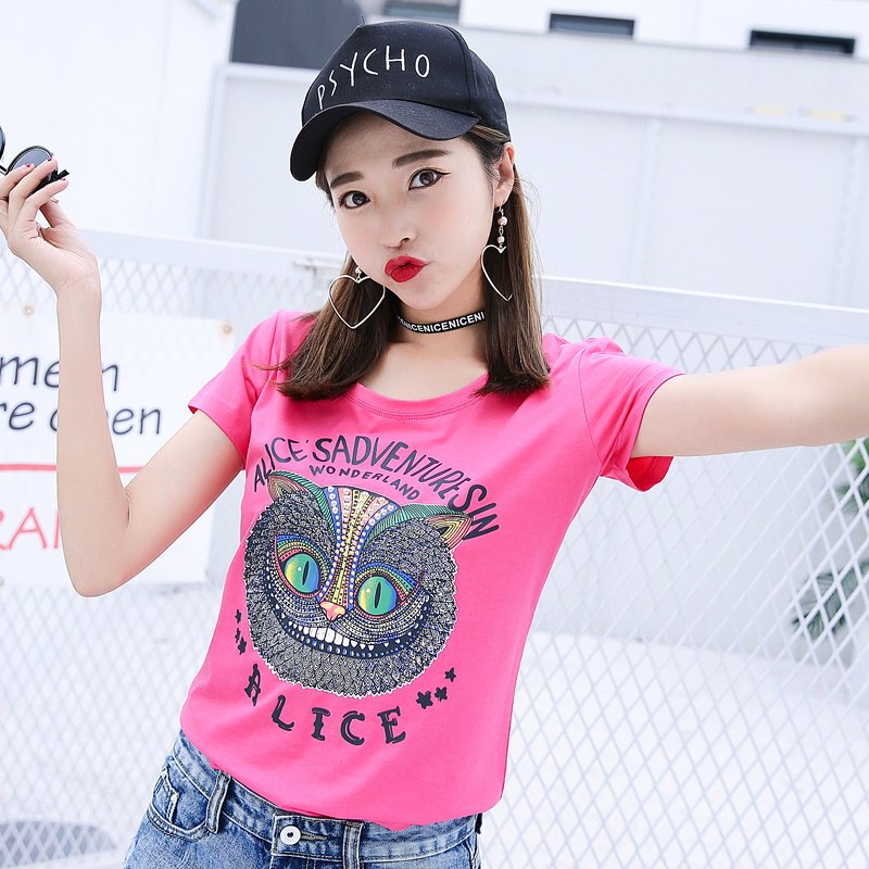 新款韩版修身显瘦紧身百搭时尚弹力印花图案学生短袖T恤女潮 XL 8801玫红