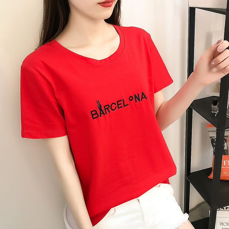 大码T恤女2018夏季新款韩版学生百搭字母个性圆领简约宽松短袖T恤 L 红色
