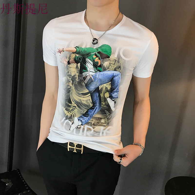 夏季T恤男韩版修身个性潮流印花体恤男半袖休闲圆领青年短袖男 2XL 白色