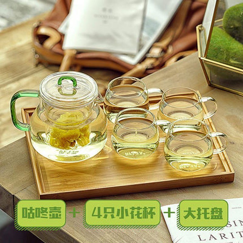 玻璃茶壶家用玻璃茶壶大泡茶壶过滤茶具花茶壶套装创意简约生活日用家居用品水具_1_6 咕咚壶+4小杯1茶盘套装