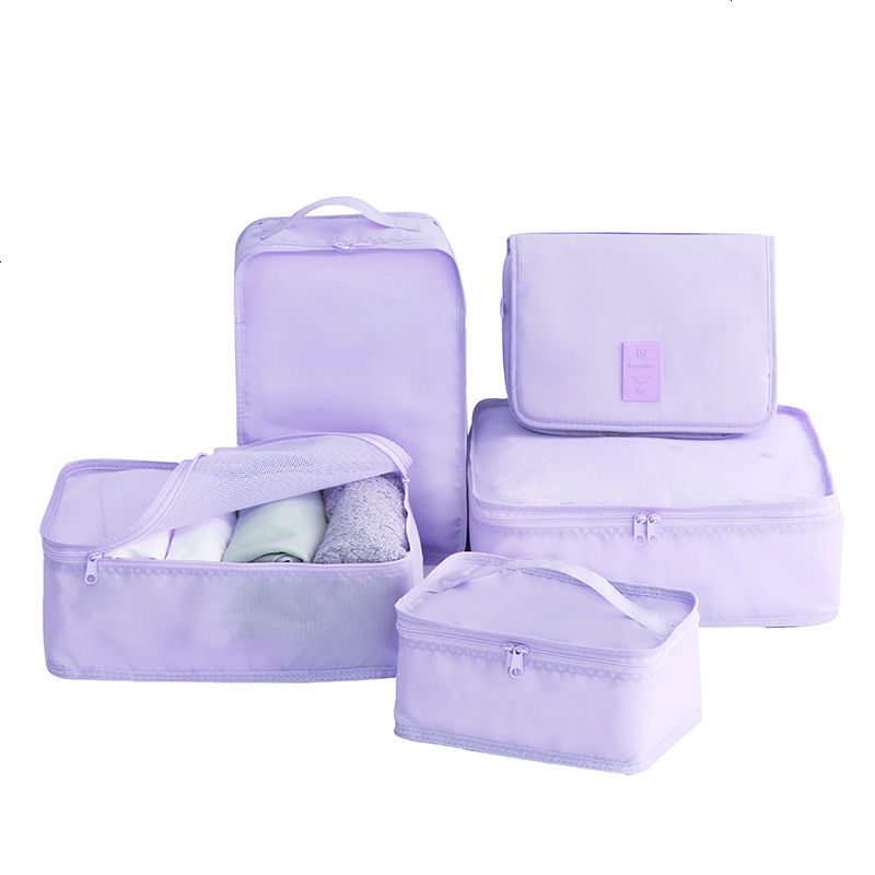 防水旅行收纳袋套装便携行李箱分装整理袋衣物收纳包旅游袋子_28 香芋紫-5件套20寸