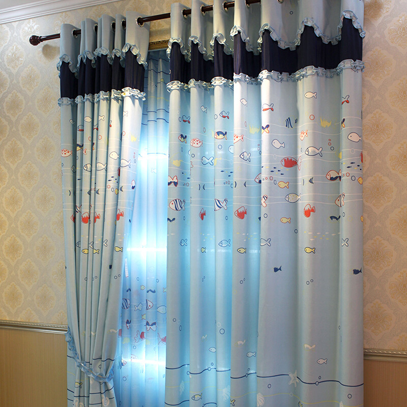 蓝色小鱼地中海儿童房男孩卡通卧室小短窗帘成品海底世界_7 海底世界--蓝色纱 宽3.5米x高2.7米挂钩1片