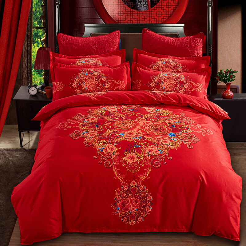 四件套全棉纯棉床上用品大红色喜被子欧美风床单被套加厚结婚婚庆_1 2.0m(6.6英尺)床 吉祥如意+枕芯2只【手提袋】