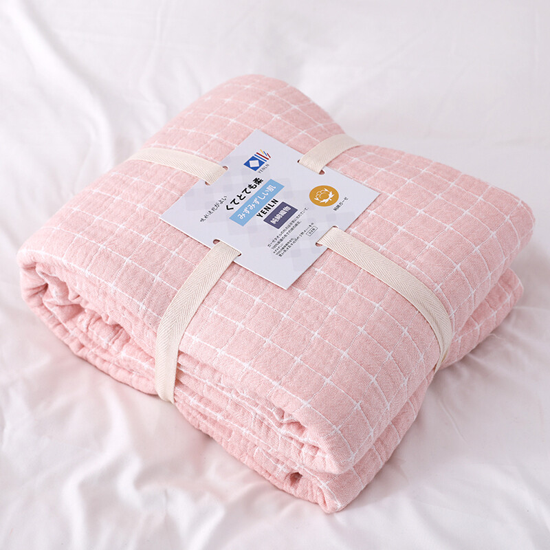 日本纯棉夏季毛巾被薄款空被全棉纱布被午睡毯床尾毯灰色网格_5 200cmx230cm 粉红色网格