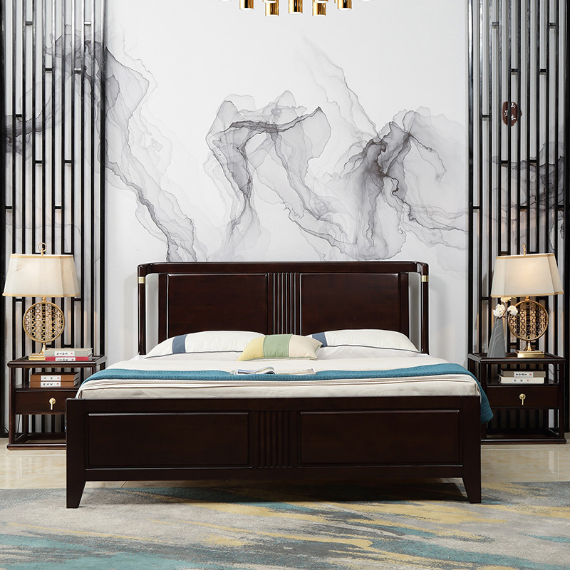 乐米拉(LeMiLa)新中式全实木床现代简约1.8米双人床软靠1.5M橡木主卧婚床木质大床紫檀色 1.8*2米+床垫+床头柜1个