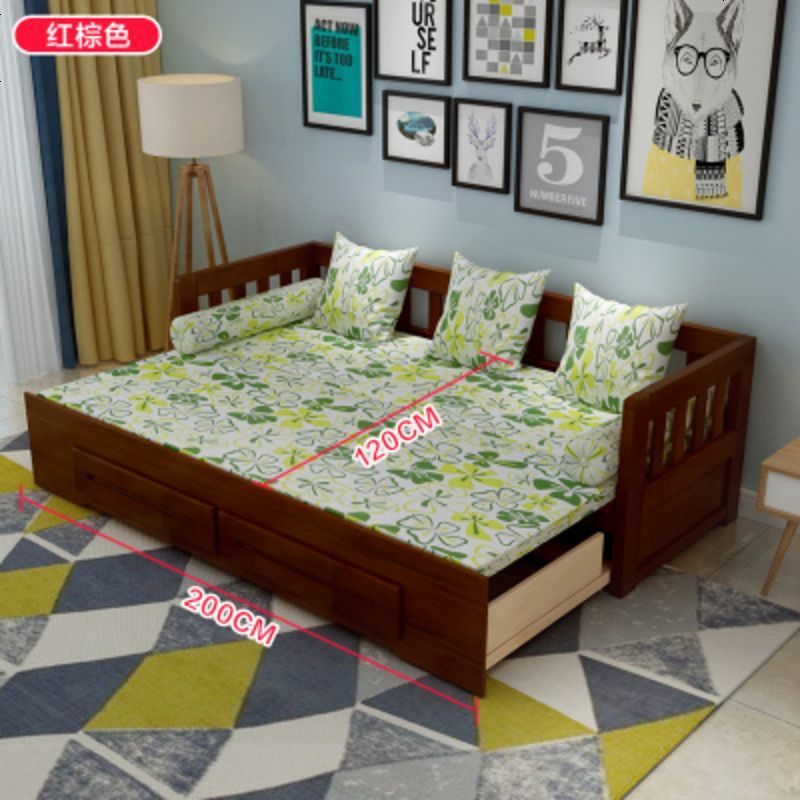 实木沙发床多功能可折叠推拉小户型客厅1.8米1.5米双人沙发床两用 120*200_环保红棕_送全套垫_1.8米-2米