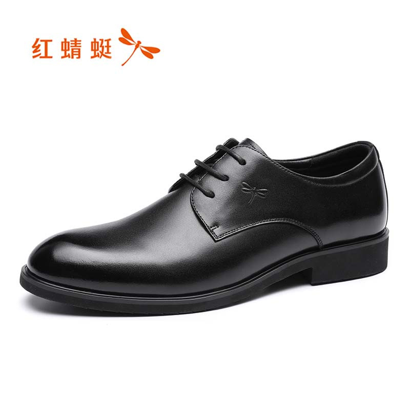 红蜻蜓男鞋2019春季新款正品真皮英伦商务正装皮鞋尖头系带单鞋子 黑色 43码