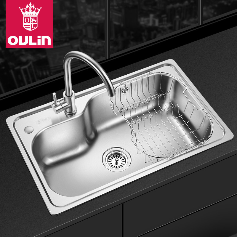 欧琳（OULIN） 304不锈钢洗碗盆洗菜池 加厚水槽单槽套餐 含龙头水槽YG102-B 搭配X001不锈钢龙头