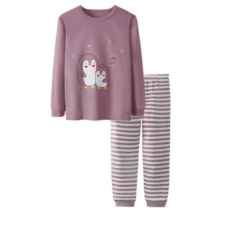南极人中大童秋衣秋裤全棉卡通 儿童内衣套装 紫企鹅 100cm