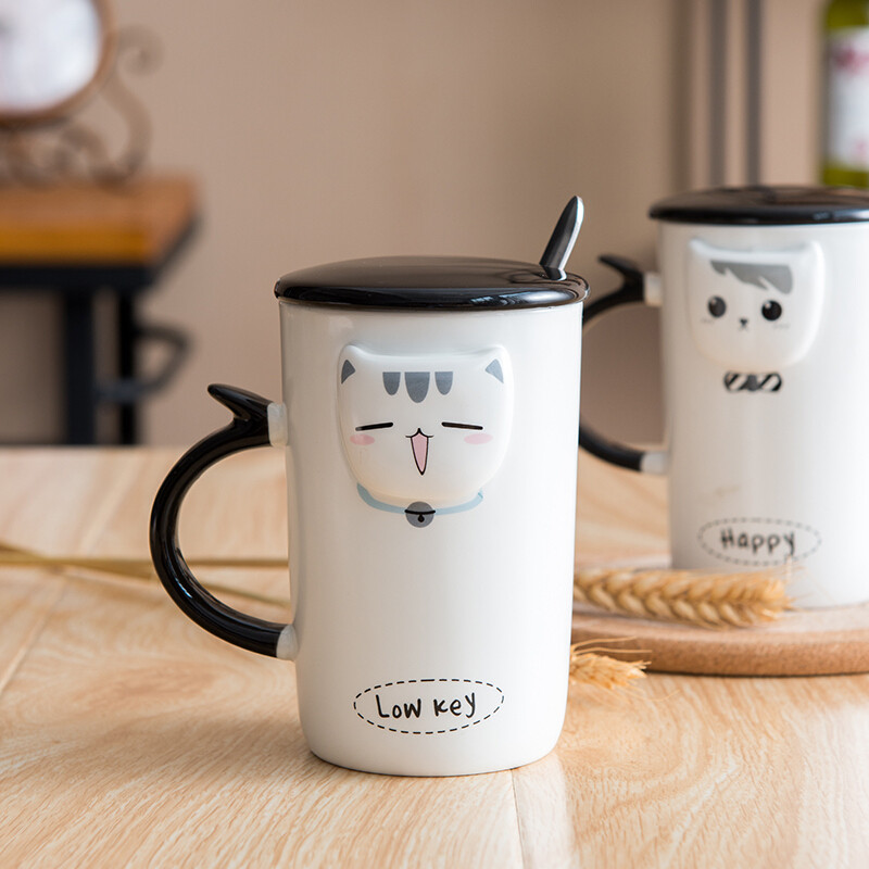 亿嘉IJARL系列简约创意陶瓷杯可爱立体带盖带勺水杯马克杯牛奶咖啡杯子 理想猫情侣 白色-low-key猫 400ml