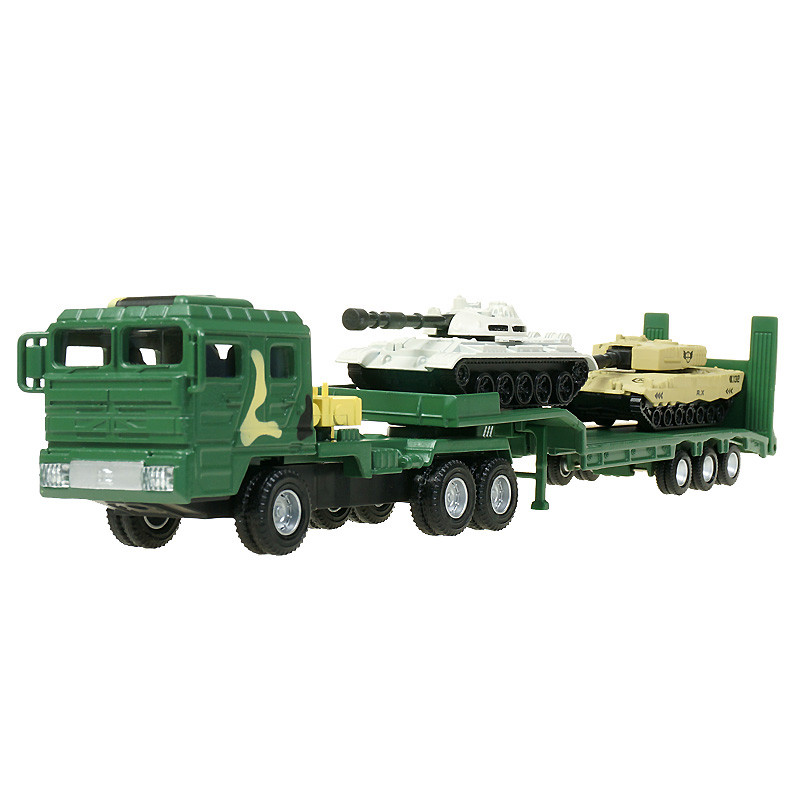 凯迪威合金军事运输车模型1:64拖车带小坦克车军用儿童礼物玩具车模型拖车挂车金属车 军绿色 1：64合金模型