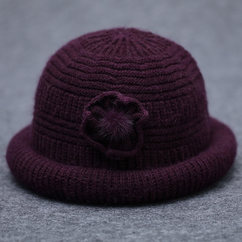 迪鲁奥（DILUAO)老人帽子女奶奶冬季中老年人加绒保暖老太太毛线帽秋冬天妈妈围巾 深紫色帽子+围巾 均码(有弹性) 深紫色只有帽子