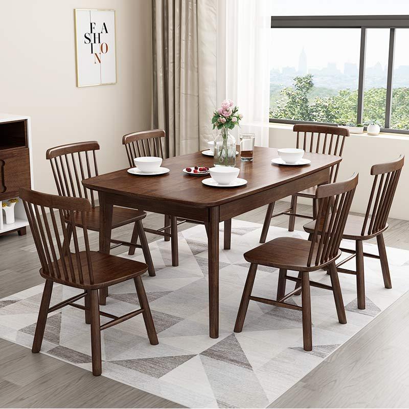 一米色彩 实木餐桌椅组合 饭桌 北欧简约现代橡胶木质原木色1.3米1.5米1.6M小户型日式宜家家用 餐厅家具 1.3米一桌六椅丨胡桃色