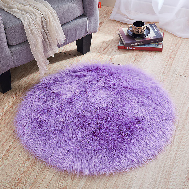 仿羊毛白色圆形地垫电脑椅梳妆台卧室床边长毛装饰拍照毛毛地毯_1 直径110厘米 紫色