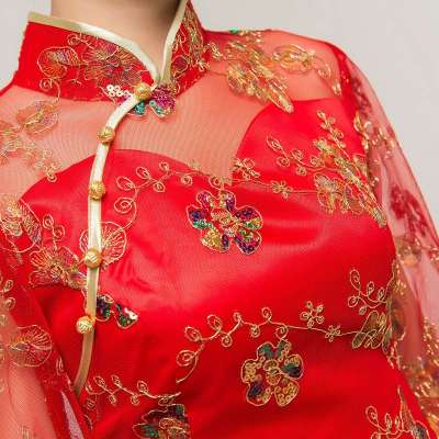 忆红妆 时尚中式中长袖新娘结婚敬酒长款旗袍