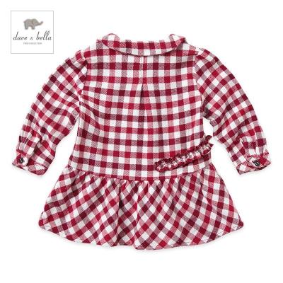 戴维贝拉秋季女小童装宝宝纯棉格子印花长袖连