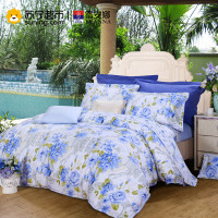富安娜(FUANNA)家纺 纯棉四件套全棉绗缝床品套件床上用品床单被套1.5m双人1.8m 芳菲四月 蓝色 1.8m床