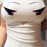 紧身立体大胸妹子大眼睛短袖t恤女s白色大眼睛弹力冰丝棉弹性很大s 棉
