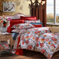 富安娜(FUANNA)家纺全棉床上四件套床品1.8m床纯棉被套床上用品 轻纱蔓舞 红色 1.8m床（被套为230*229cm）
