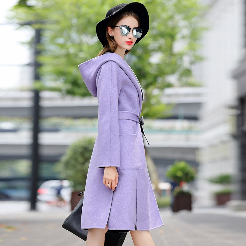 C16秋冬女士连帽羊绒风衣长款羊毛呢大衣女系