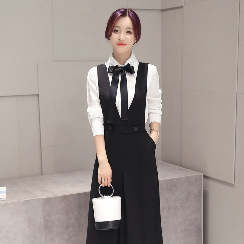 B16秋冬女士OL通勤背带裤套装九分阔腿裤女