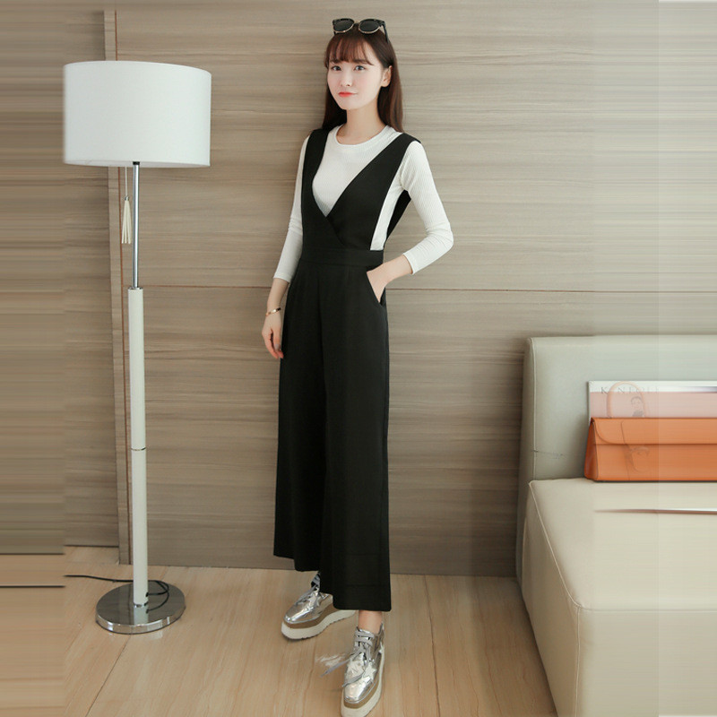 蔚缇实拍新款背带阔腿裤女高腰黑色显瘦秋季休