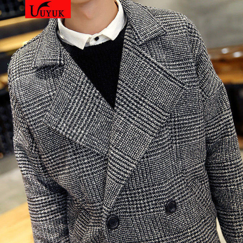 YUK 秋冬格子呢料风衣男韩版休闲千鸟格毛呢