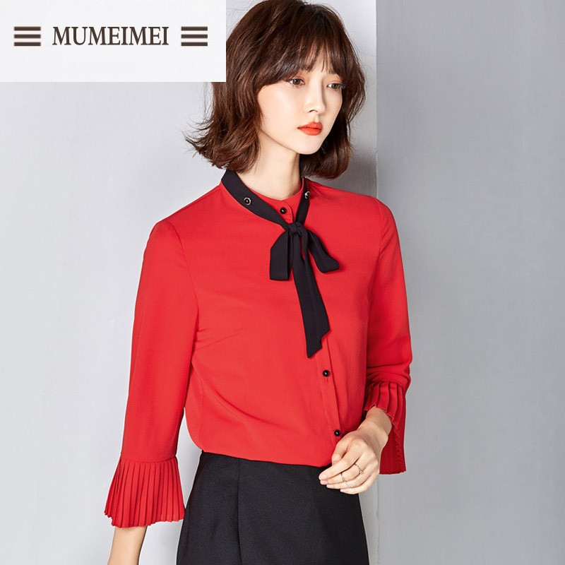 MUM2017春季新款雪纺衫女长袖韩版 飘带衬衫