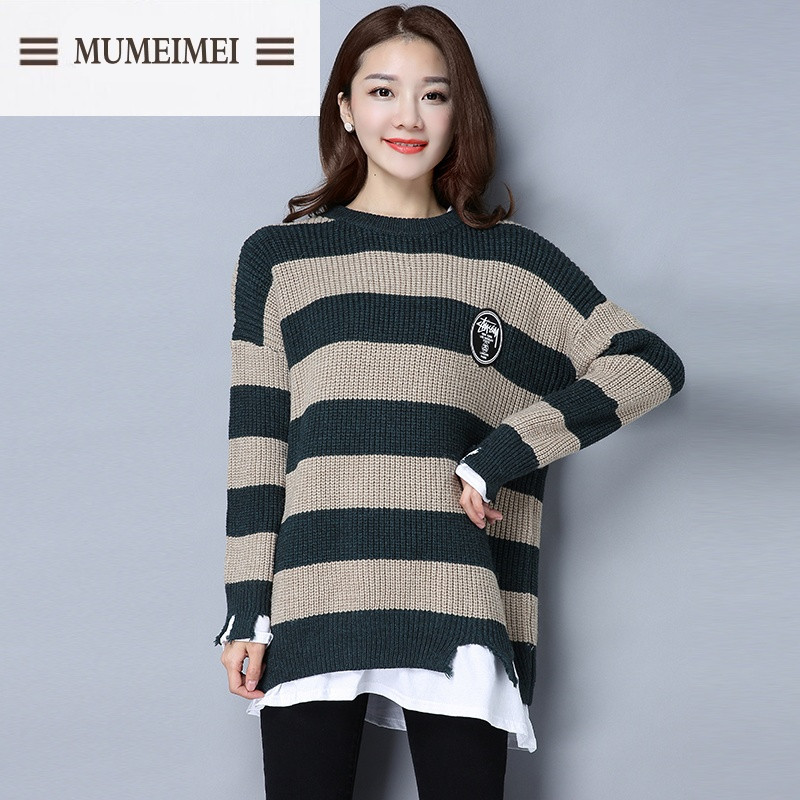 MUM黑白条纹毛衣女套头宽松 韩版 短款长袖拼
