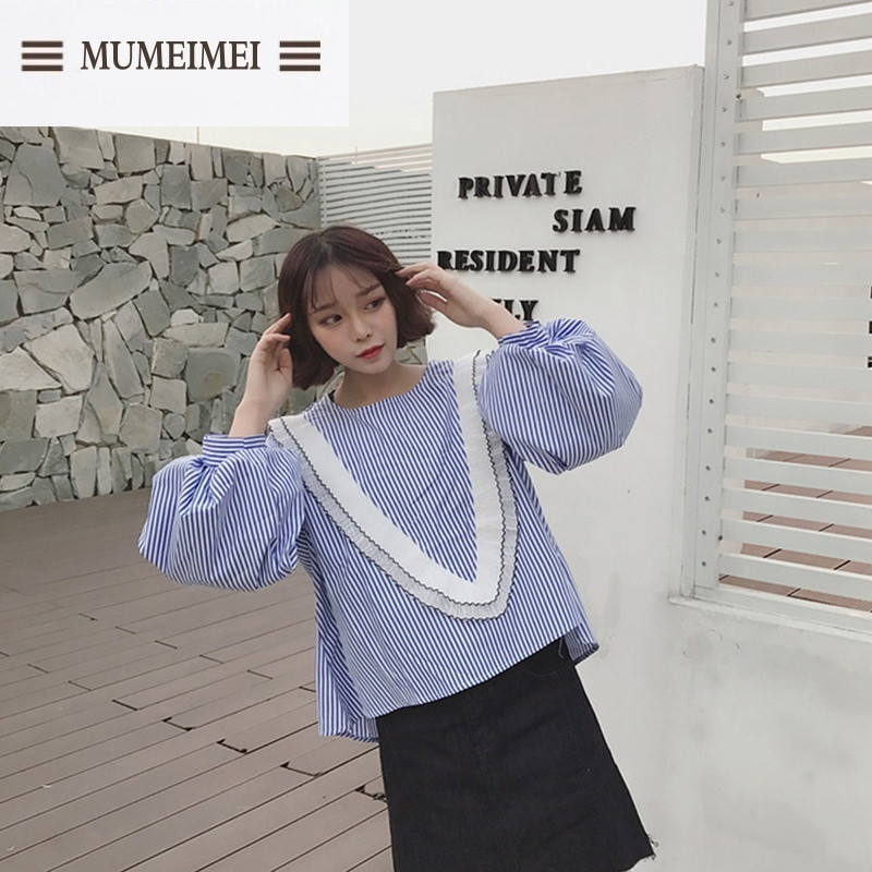 MUM2017春装新款韩版学院风格子泡泡袖衬衣