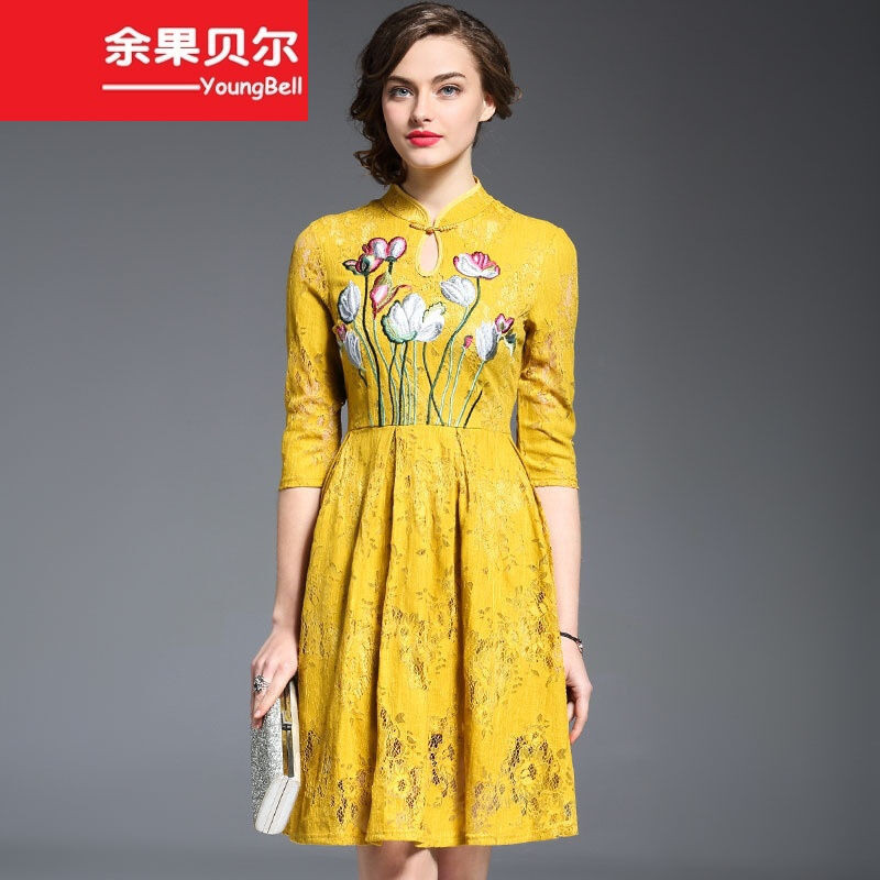 余果贝尔中国风复古旗袍2017新款春季时尚蕾