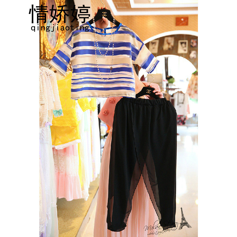 2017韩版新款夏季新款女装条纹欧根纱上衣雪