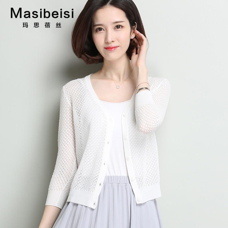 玛思蓓丝2017春夏短款镂空针织衫开衫女毛衣
