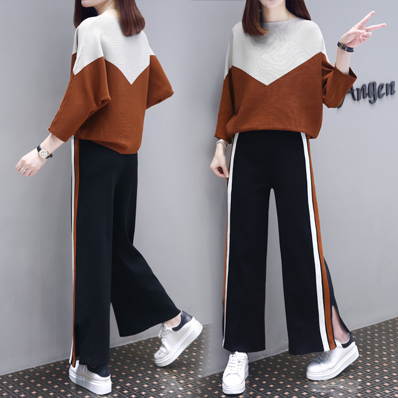 欧洲站2018春秋装新款毛衣女装韩版休闲时尚阔腿裤针织两件套装潮