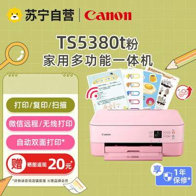佳能TS5380T彩色喷墨彩色手机照片打印机复印一体机扫描家用办公自动双面小型家用多功能三合一学生相片打印机 红色
